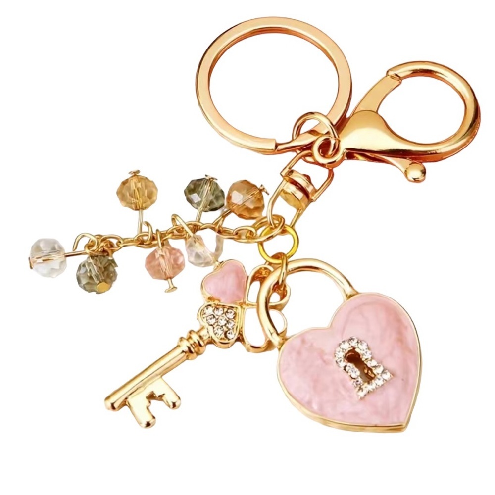Key to my heart Pink glitter heart Beaded key chain bag charm